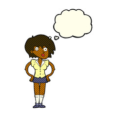 cartoon surprised woman with hands on hips with thought bubble
