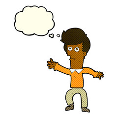 cartoon man waving with thought bubble