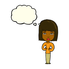 cartoon woman indicating self with thought bubble