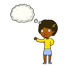 cartoon waving woman with thought bubble