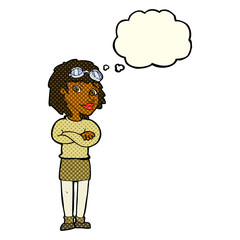 cartoon woman with crossed arms and safety goggles with thought