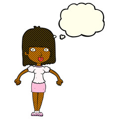 cartoon woman shrugging shoulders with thought bubble