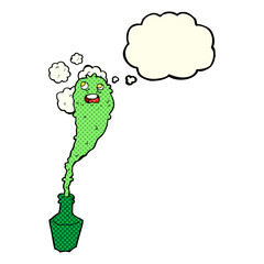 cartoon spooky ghost in bottle with thought bubble