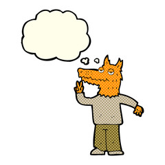 cartoon happy fox man with thought bubble