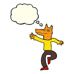 cartoon happy fox man with thought bubble