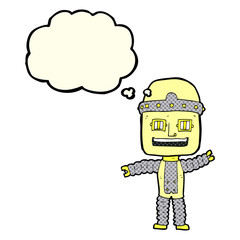 cartoon waving robot with thought bubble