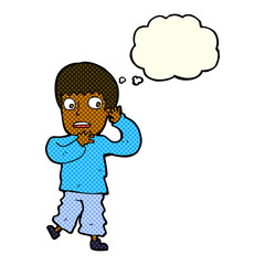 cartoon frightened boy with thought bubble