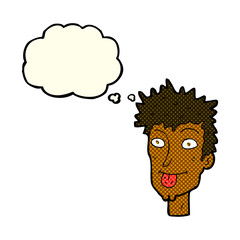 cartoon man sticking out tongue with thought bubble