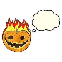 cartoon spooky pumpkin with thought bubble