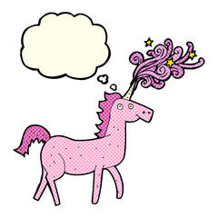 cartoon magical unicorn with thought bubble