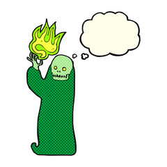 cartoon waving halloween ghoul with thought bubble