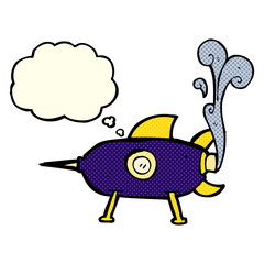 cartoon space rocket with thought bubble