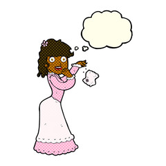 cartoon victorian woman dropping handkerchief with thought bubbl