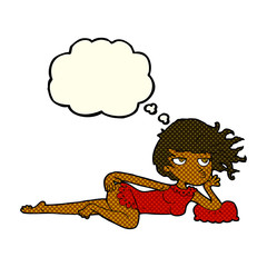 cartoon woman in sexy pose with thought bubble