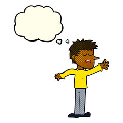 cartoon happy man reaching with thought bubble