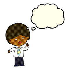 cartoon worried school boy raising hand with thought bubble