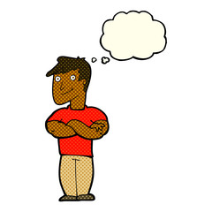 cartoon muscular man with thought bubble