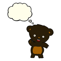 cartoon waving black bear with thought bubble