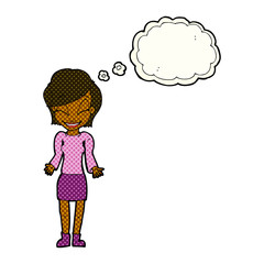 cartoon happy woman shrugging shoulders with thought bubble