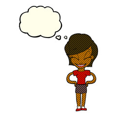 cartoon woman with hands on hips with thought bubble