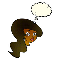 cartoon pretty female face with thought bubble