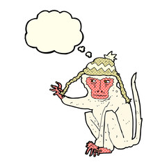 cartoon monkey wearing hat with thought bubble