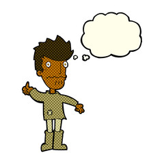 cartoon worried man giving thumbs up symbol with thought bubble