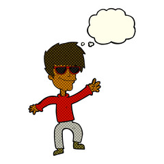 cartoon waving cool guy with thought bubble