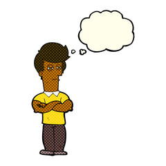 cartoon man with folded arms with thought bubble