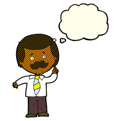 cartoon newsreader man with idea with thought bubble