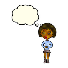 cartoon suspicious girl with thought bubble