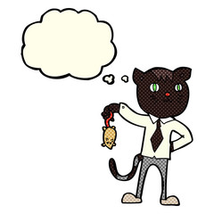 cartoon business cat with dead mouse with thought bubble