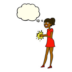 cartoon woman clapping hands with thought bubble