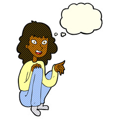 cartoon happy woman sitting and pointing with thought bubble