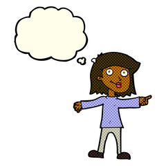 cartoon happy woman pointing with thought bubble