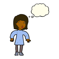 cartoon cautious woman with thought bubble