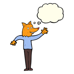 cartoon waving fox man with thought bubble