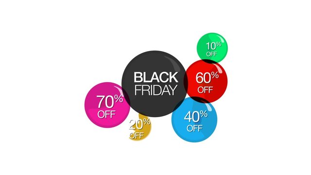 Black friday sale super deals fifty percent off colored rounds bubble tag colors big savings purchase animation video