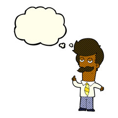 cartoon man with mustache explaining with thought bubble