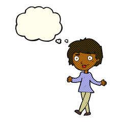 cartoon confused woman with thought bubble