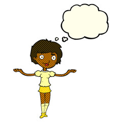 cartoon woman spreading arms with thought bubble