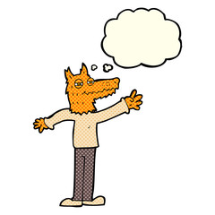 cartoon waving fox with thought bubble