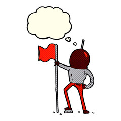 cartoon astronaut planting flag with thought bubble