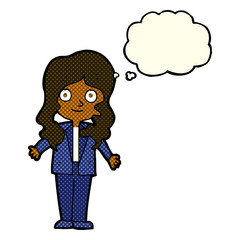 cartoon friendly business woman with thought bubble