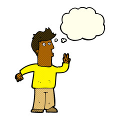 cartoon man giving peace sign with thought bubble