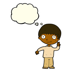 cartoon boy giving peace sign with thought bubble