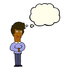 cartoon man sticking out tongue with thought bubble