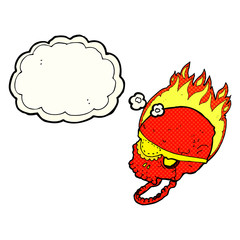 cartoon spooky skull with eye patch with thought bubble