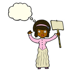 cartoon Victorian woman protesting with thought bubble
