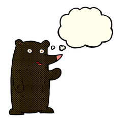 cartoon waving black bear with thought bubble